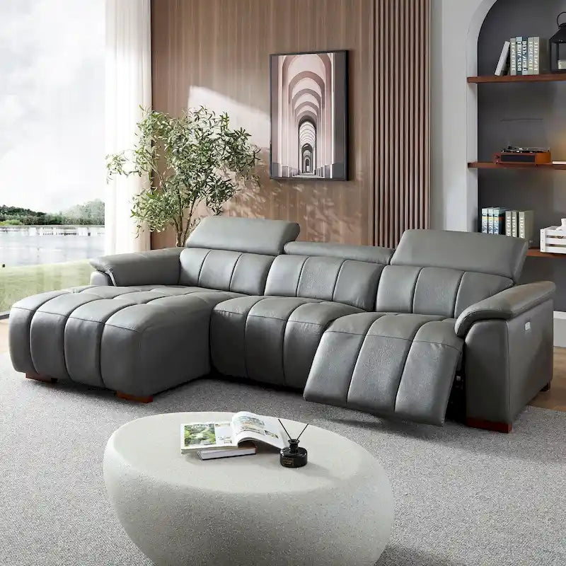 Canapé d'angle en cuir véritable inclinable électrique avec port USB gris foncé gris clair