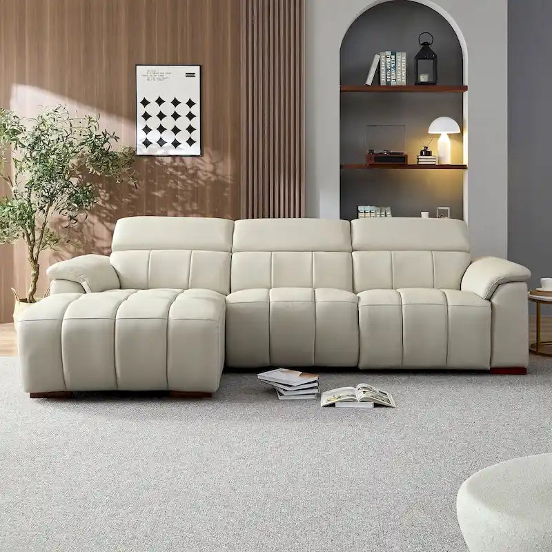 L-Shaped Genuine Leather Sectional Sofa Electric Recliner USB Port Dark Grey Light Grey