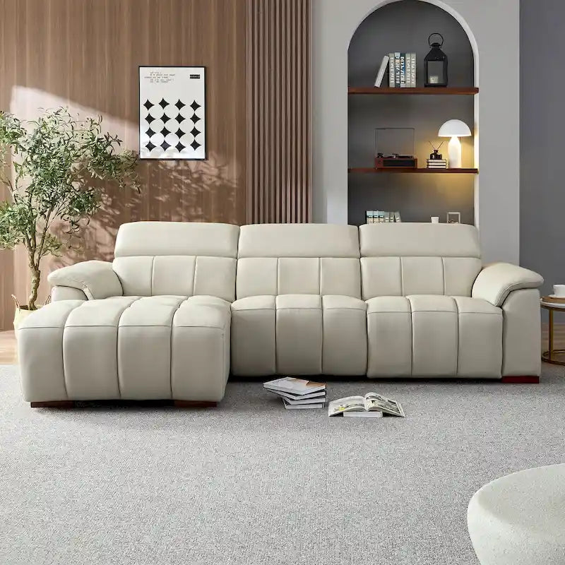 L-Shaped Genuine Leather Sectional Sofa Electric Recliner USB Port Dark Grey Light Grey