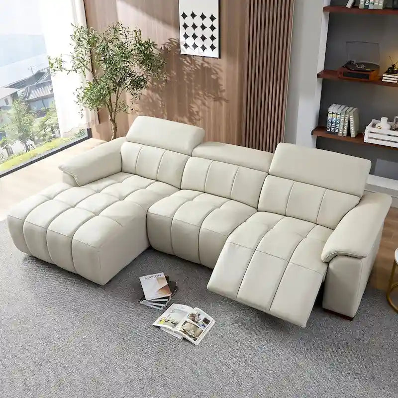 L-Shaped Genuine Leather Sectional Sofa Electric Recliner USB Port Dark Grey Light Grey
