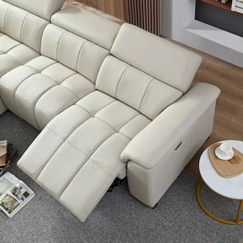 Canapé d'angle en cuir véritable inclinable électrique avec port USB gris foncé gris clair