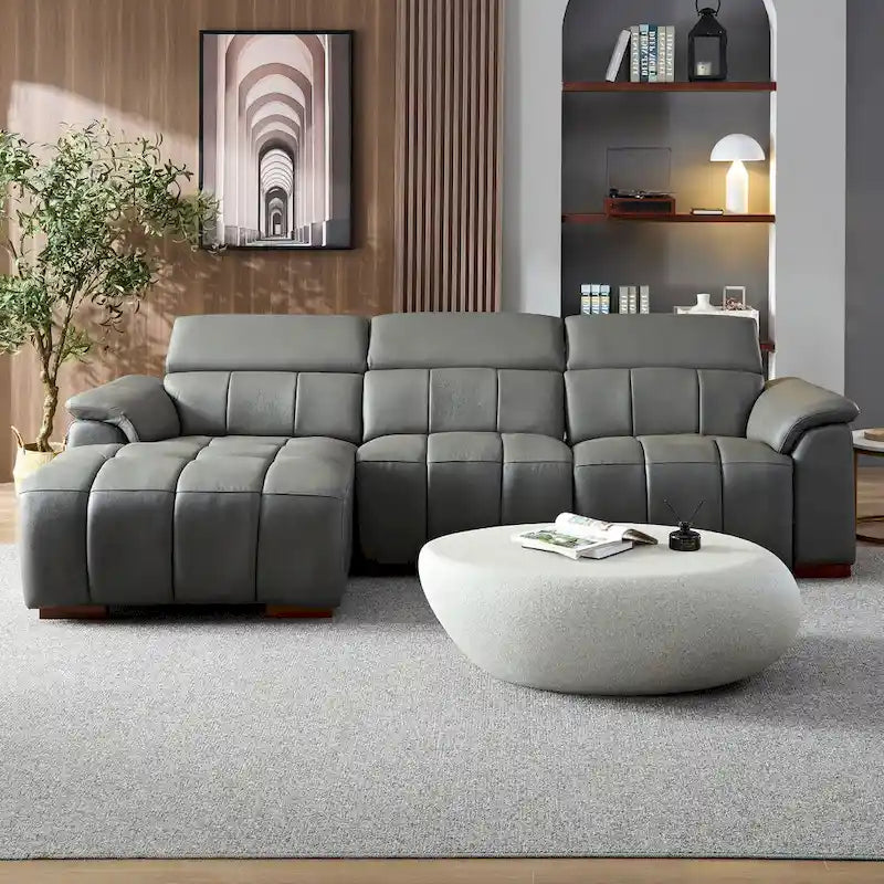 Canapé d'angle en cuir véritable inclinable électrique avec port USB gris foncé gris clair