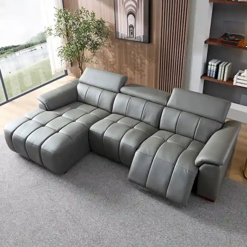 Canapé d'angle en cuir véritable inclinable électrique avec port USB gris foncé gris clair