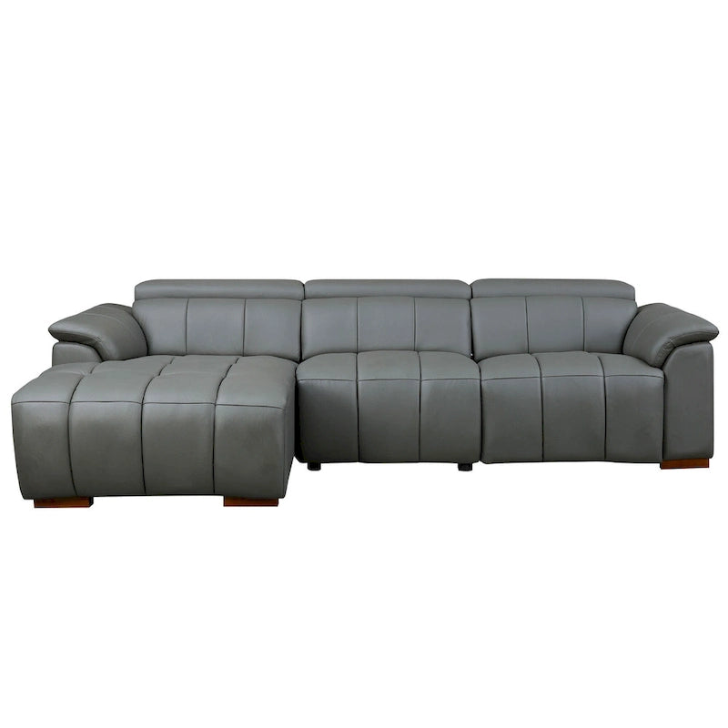 Canapé d'angle en cuir véritable inclinable électrique avec port USB gris foncé gris clair