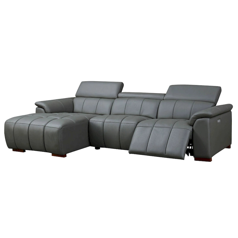 Canapé d'angle en cuir véritable inclinable électrique avec port USB gris foncé gris clair