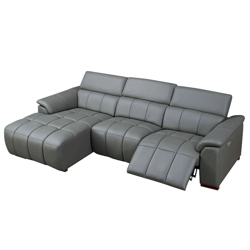 Canapé d'angle en cuir véritable inclinable électrique avec port USB gris foncé gris clair