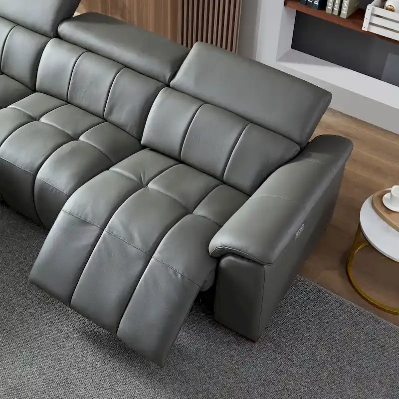 Canapé d'angle en cuir véritable inclinable électrique avec port USB gris foncé gris clair