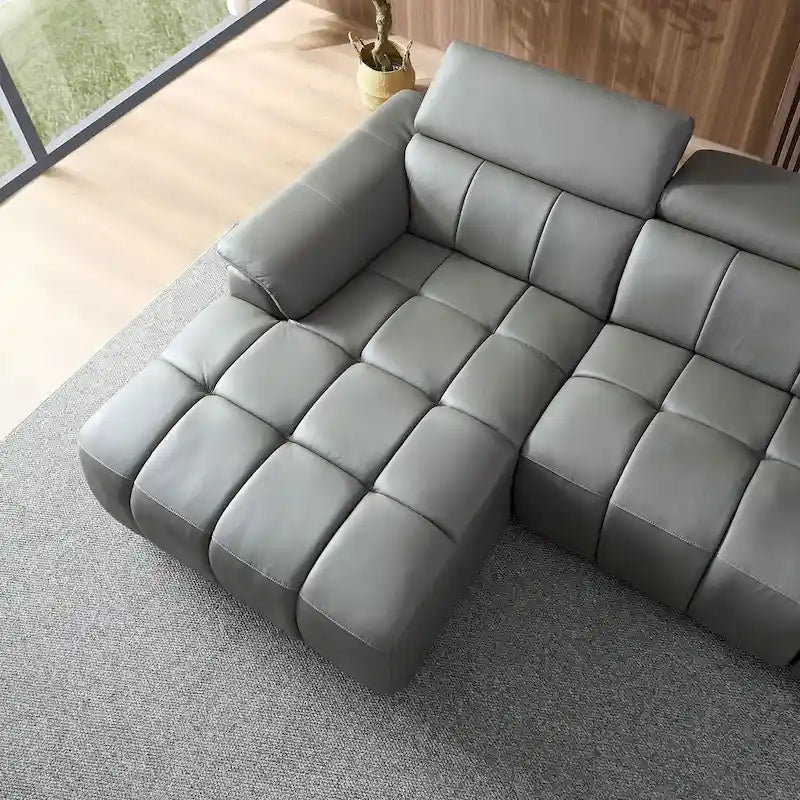 Canapé d'angle en cuir véritable inclinable électrique avec port USB gris foncé gris clair