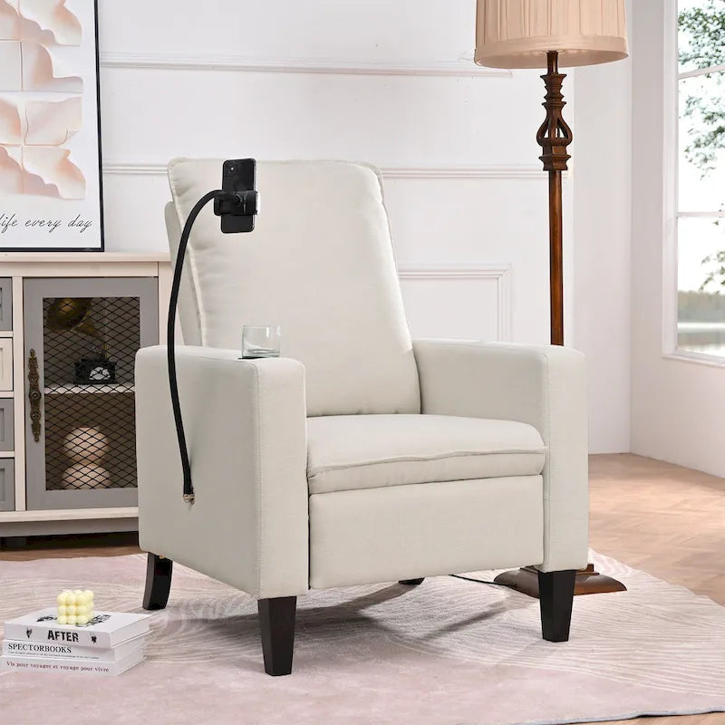 Fabric Push Back Recliner Chair with Flexible Phone Holder and Side Storage
