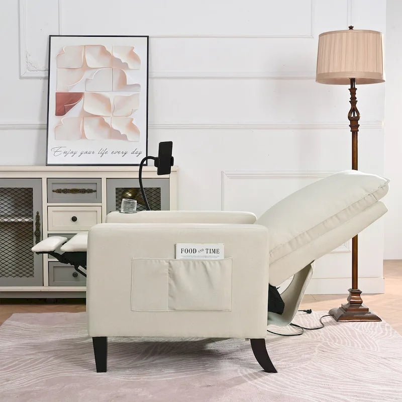 Fabric Push Back Recliner Chair with Flexible Phone Holder and Side Storage