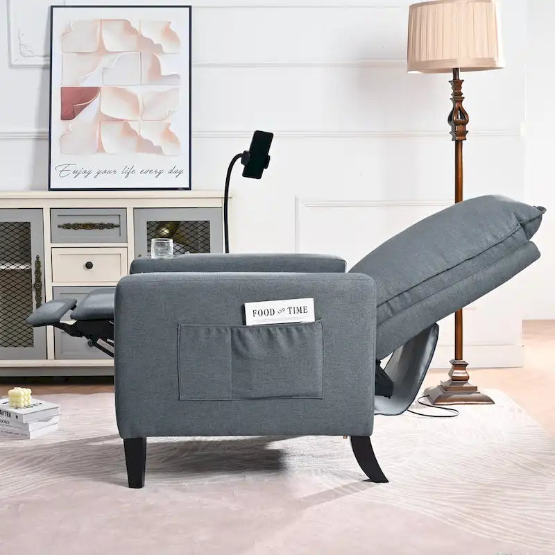 Fauteuil inclinable en tissu avec porte-téléphone flexible et rangement latéral