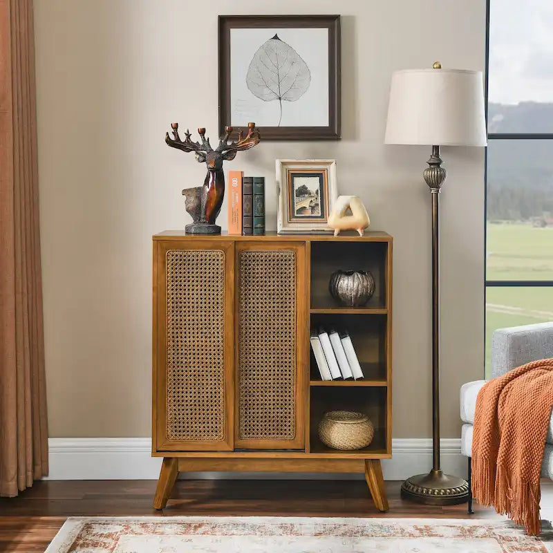 Brown Rattan Door Sideboard Cabinet with Open Shelves Solid Wood Legs