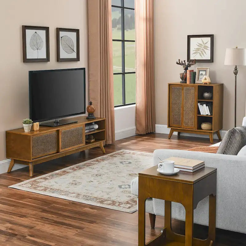 Brown Rattan Door Sideboard Cabinet with Open Shelves Solid Wood Legs