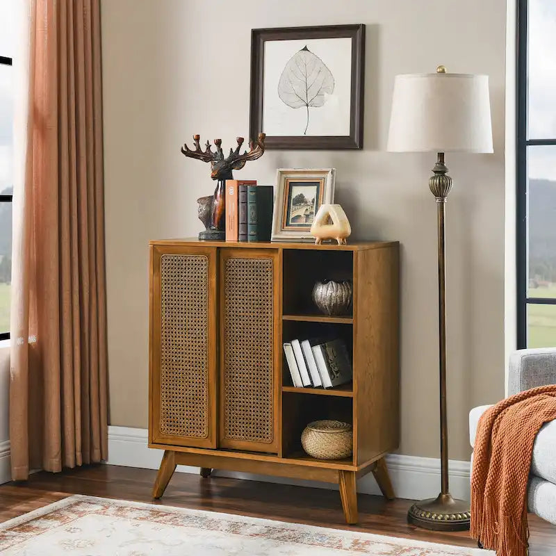 Brown Rattan Door Sideboard Cabinet with Open Shelves Solid Wood Legs