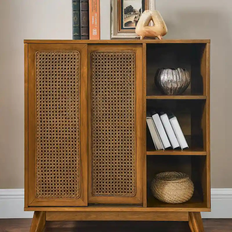 Brown Rattan Door Sideboard Cabinet with Open Shelves Solid Wood Legs