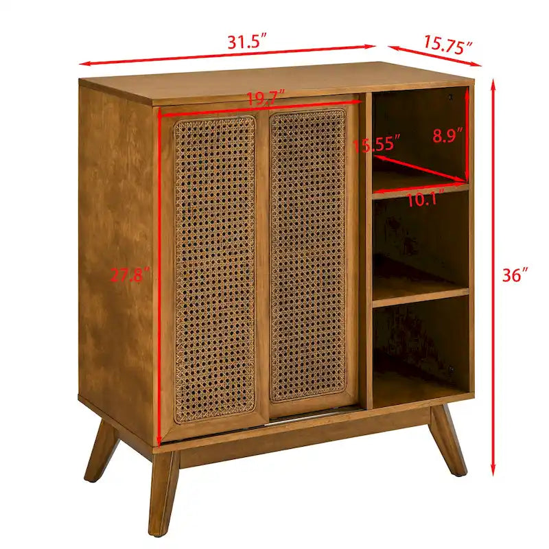 Bahut d'appoint en rotin marron avec portes, étagères ouvertes et pieds en bois massif