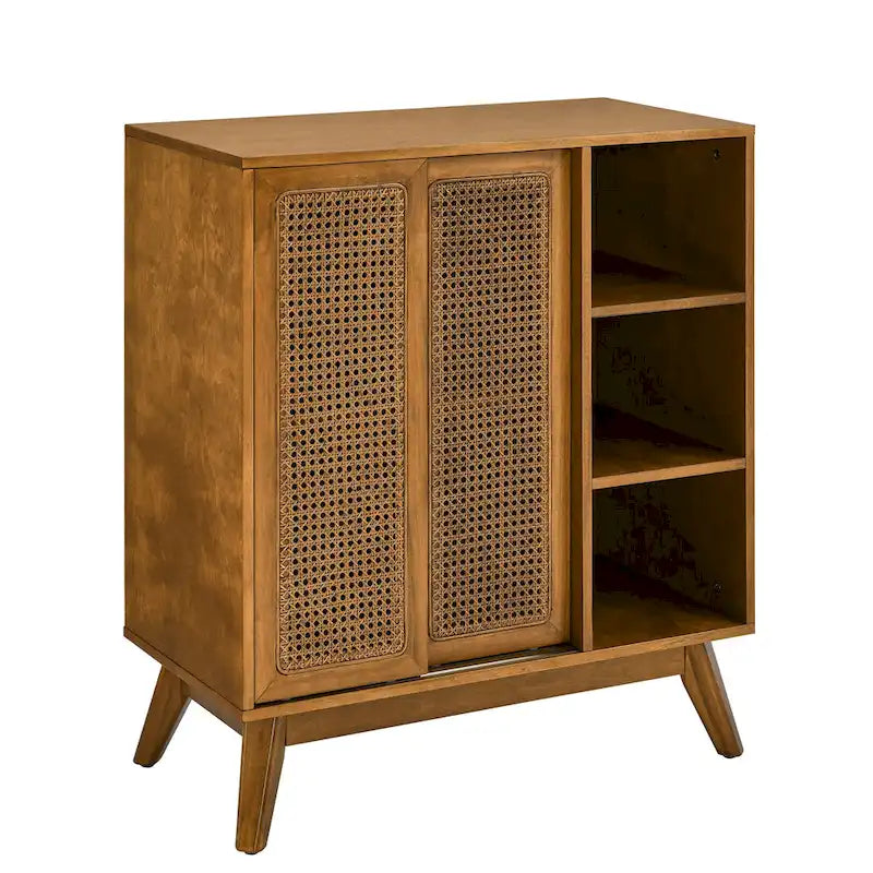 Bahut d'appoint en rotin marron avec portes, étagères ouvertes et pieds en bois massif