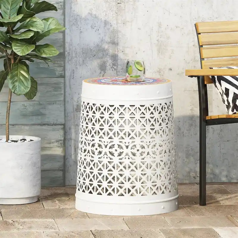 White Geometric Lace Cut Metal Accent Side Table Colorful Mosaic Tile Top