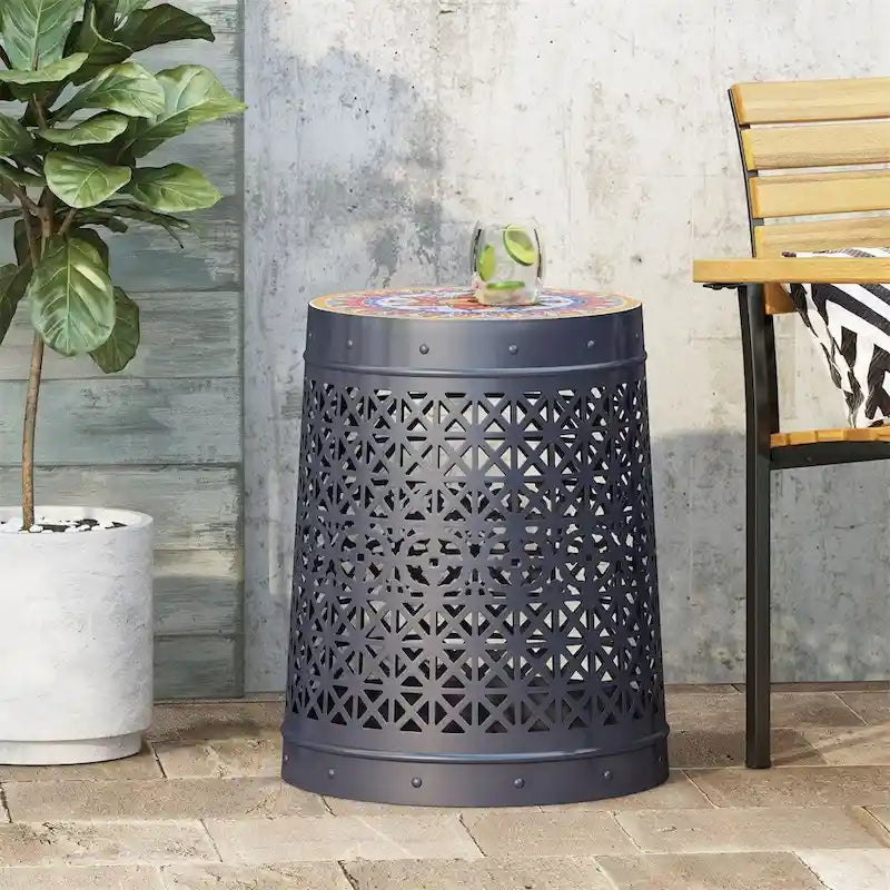 White Geometric Lace Cut Metal Accent Side Table Colorful Mosaic Tile Top