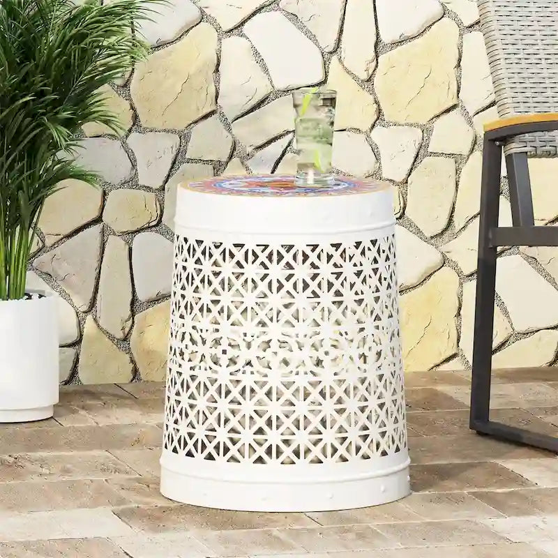 White Geometric Lace Cut Metal Accent Side Table Colorful Mosaic Tile Top