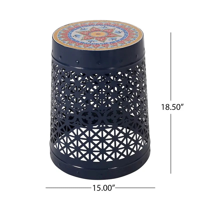 White Geometric Lace Cut Metal Accent Side Table Colorful Mosaic Tile Top