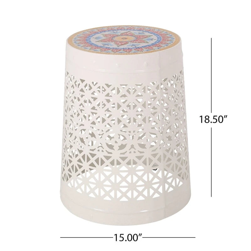 Table d'appoint en métal ajouré géométrique blanc, dessus en mosaïque colorée