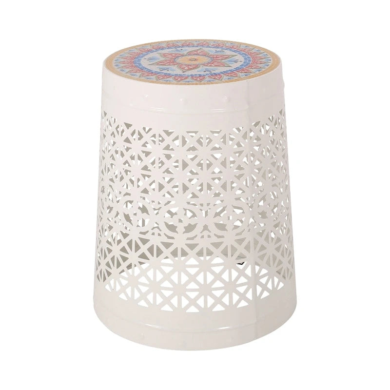 Table d'appoint en métal ajouré géométrique blanc, dessus en mosaïque colorée