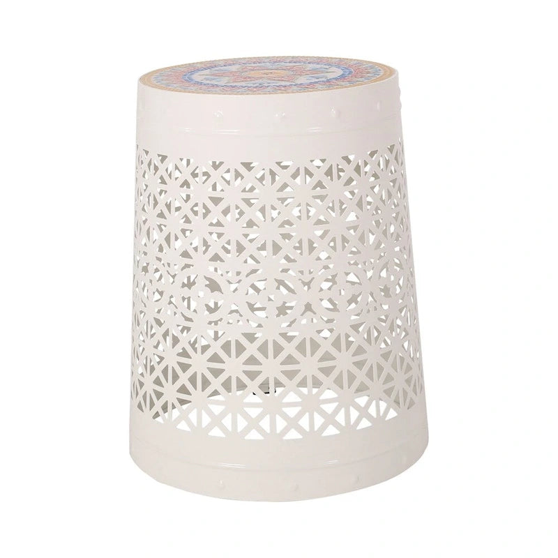 Table d'appoint en métal ajouré géométrique blanc, dessus en mosaïque colorée