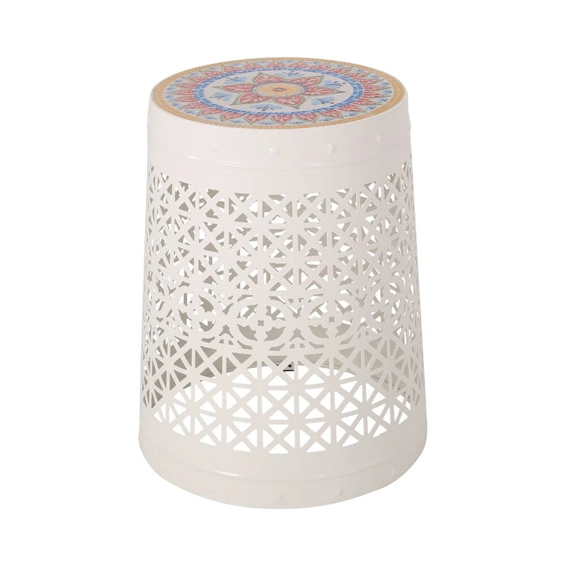 Table d'appoint en métal ajouré géométrique blanc, dessus en mosaïque colorée