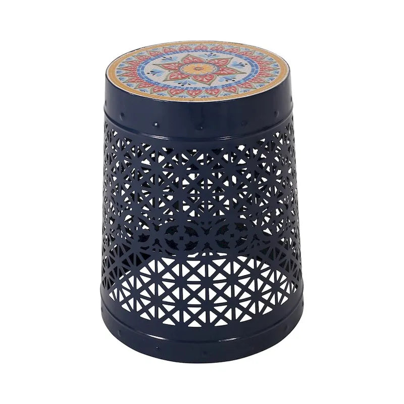 Table d'appoint en métal ajouré géométrique blanc, dessus en mosaïque colorée