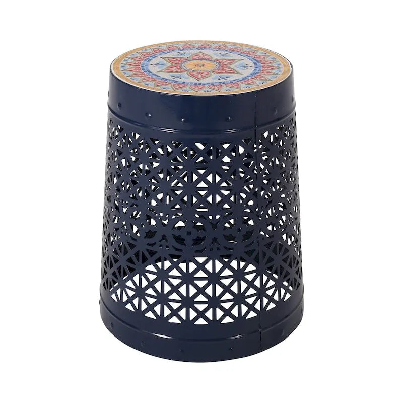 Table d'appoint en métal ajouré géométrique blanc, dessus en mosaïque colorée