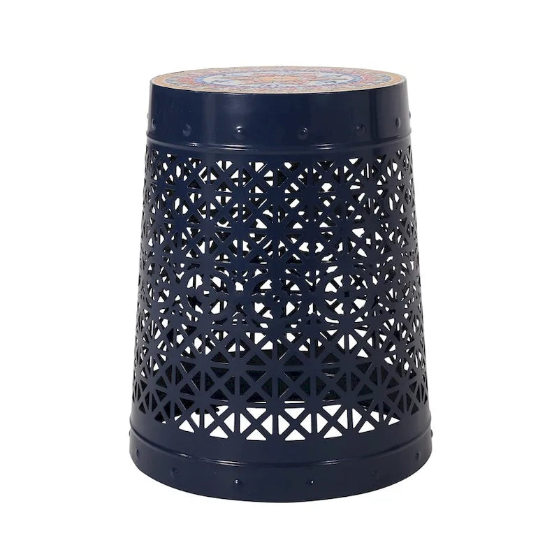 Table d'appoint en métal ajouré géométrique blanc, dessus en mosaïque colorée