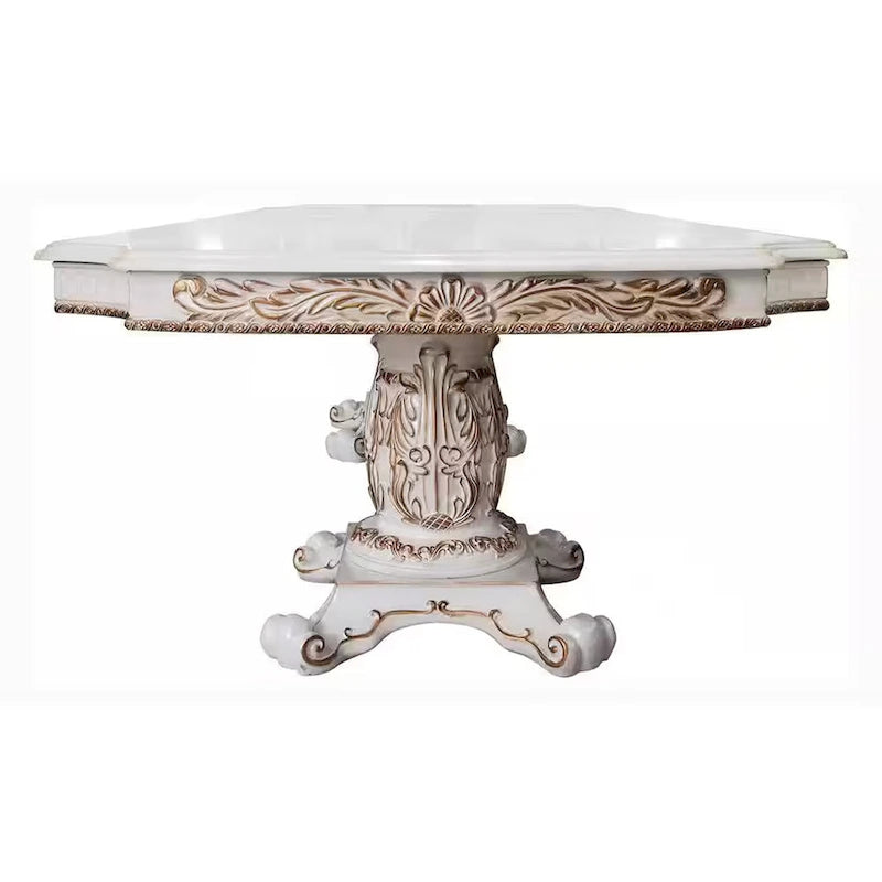 Extendable Double Pedestal Dining Table Antique Pearl White Gold Carved Ornate
