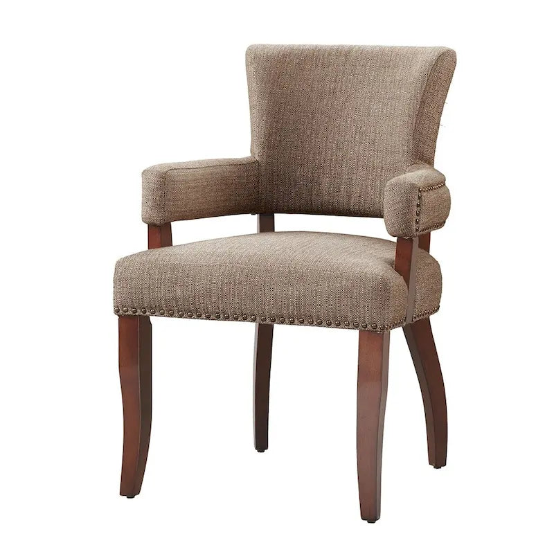 Upholstered Arm Dining Chair with Brass Nailhead Trim Espresso Wood Legs Brown
