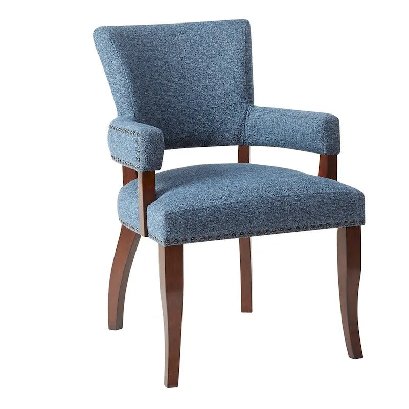 Upholstered Arm Dining Chair with Brass Nailhead Trim Espresso Wood Legs Brown