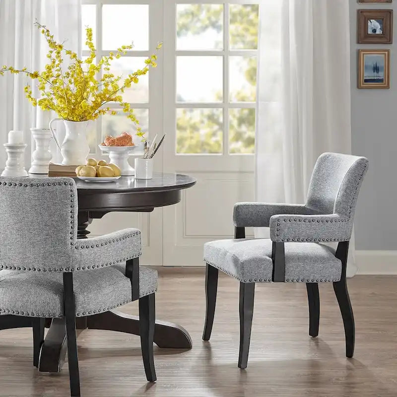 Upholstered Arm Dining Chair with Brass Nailhead Trim Espresso Wood Legs Brown