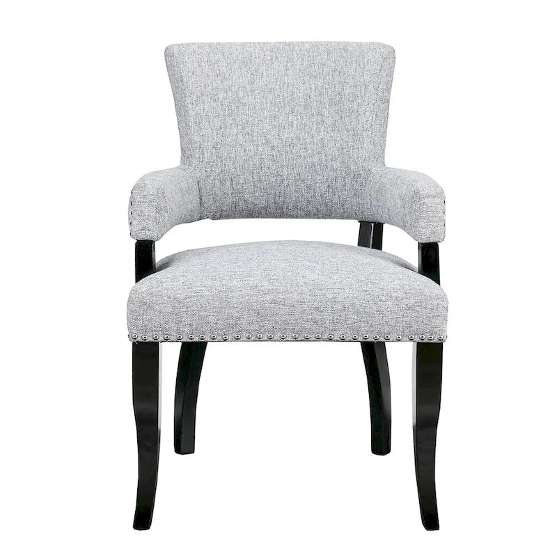 Upholstered Arm Dining Chair with Brass Nailhead Trim Espresso Wood Legs Brown