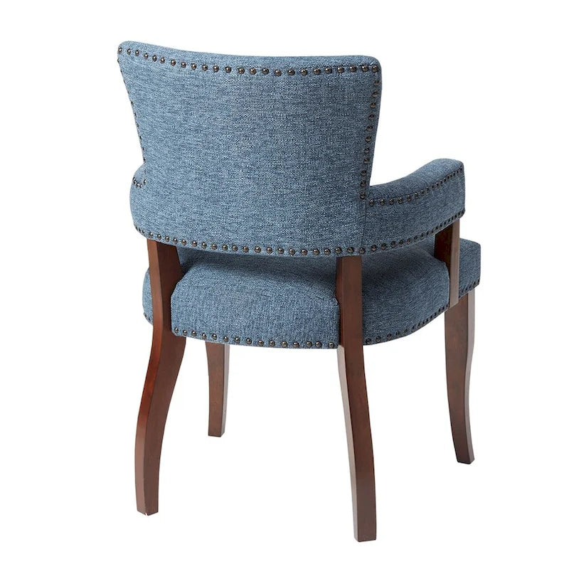 Fauteuil de salle à manger capitonné avec clous décoratifs en laiton, pieds en bois expresso, marron