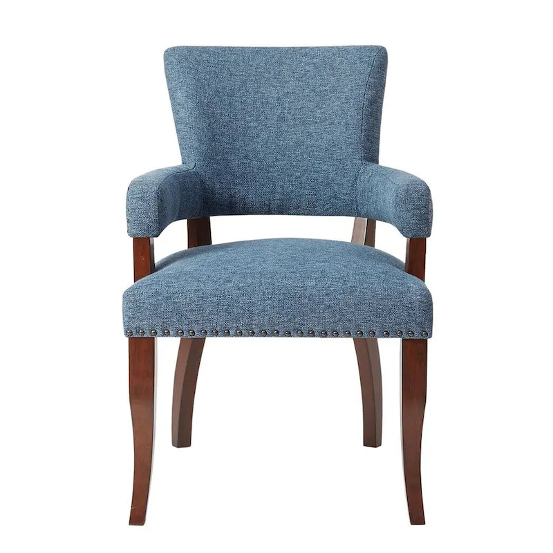 Fauteuil de salle à manger capitonné avec clous décoratifs en laiton, pieds en bois expresso, marron
