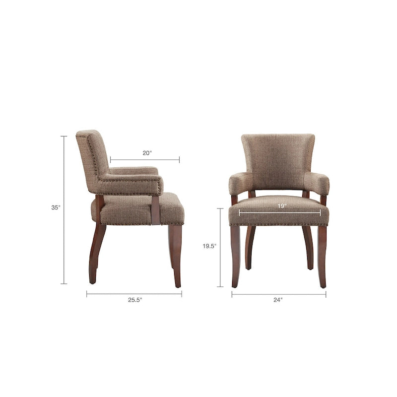 Fauteuil de salle à manger capitonné avec clous décoratifs en laiton, pieds en bois expresso, marron