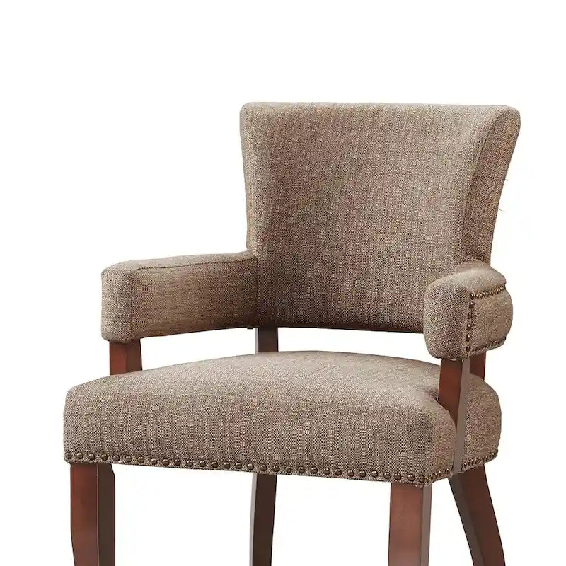 Fauteuil de salle à manger capitonné avec clous décoratifs en laiton, pieds en bois expresso, marron