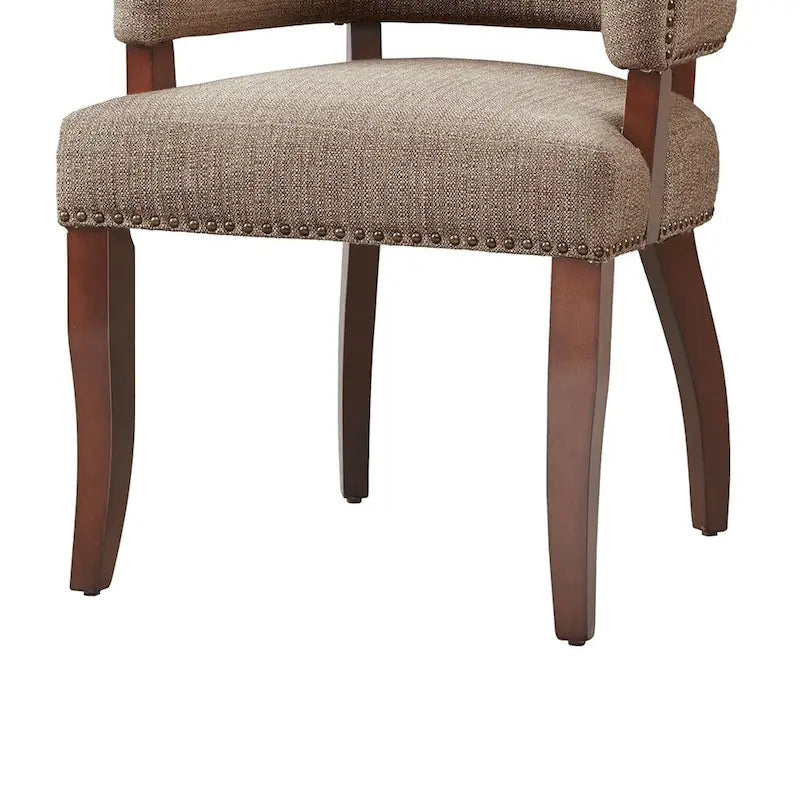 Fauteuil de salle à manger capitonné avec clous décoratifs en laiton, pieds en bois expresso, marron