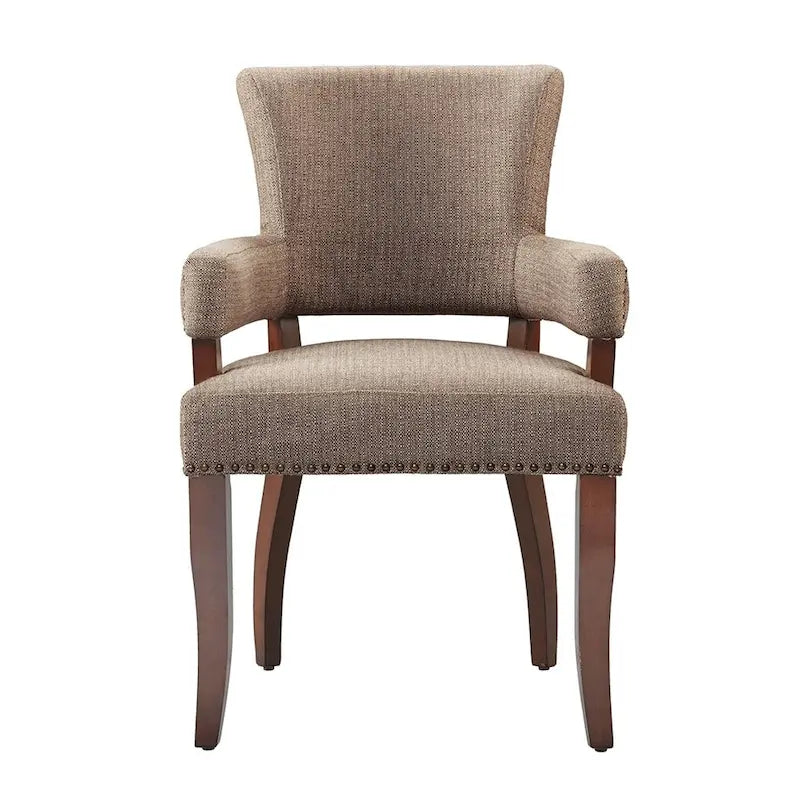 Fauteuil de salle à manger capitonné avec clous décoratifs en laiton, pieds en bois expresso, marron