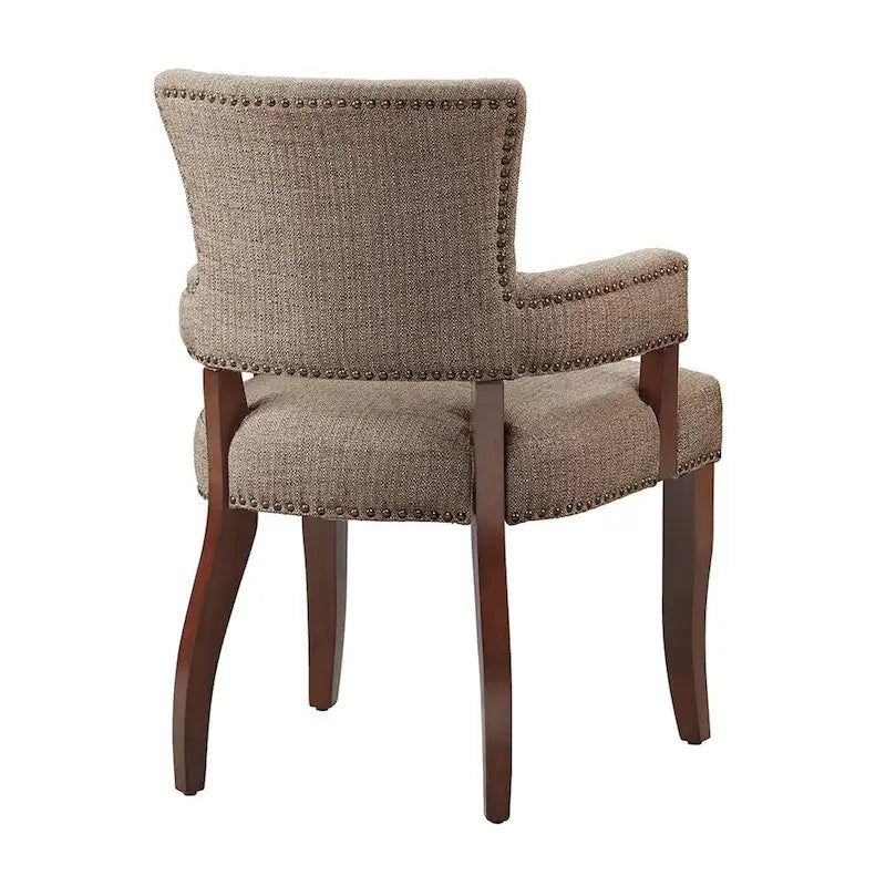 Fauteuil de salle à manger capitonné avec clous décoratifs en laiton, pieds en bois expresso, marron