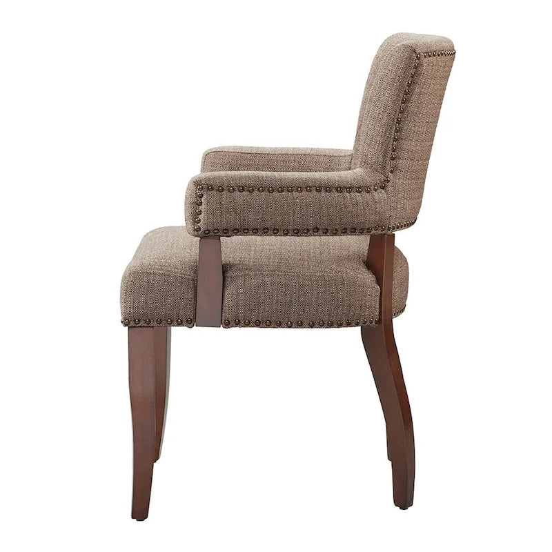 Fauteuil de salle à manger capitonné avec clous décoratifs en laiton, pieds en bois expresso, marron