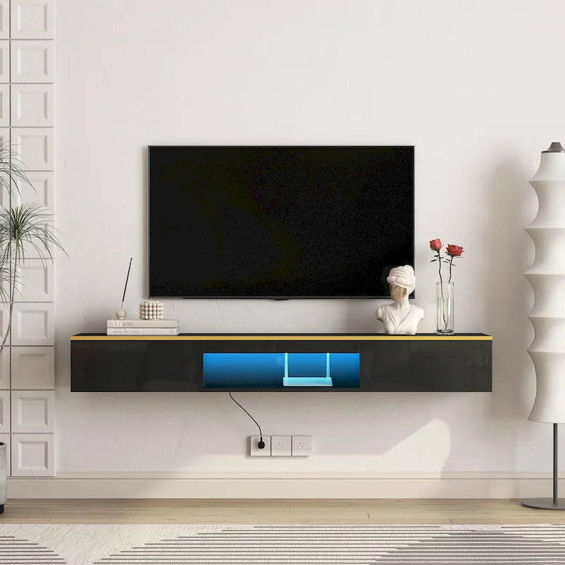 Wall Mounted Floating TV Stand with 16-Color LED Lights, Black Gloss
