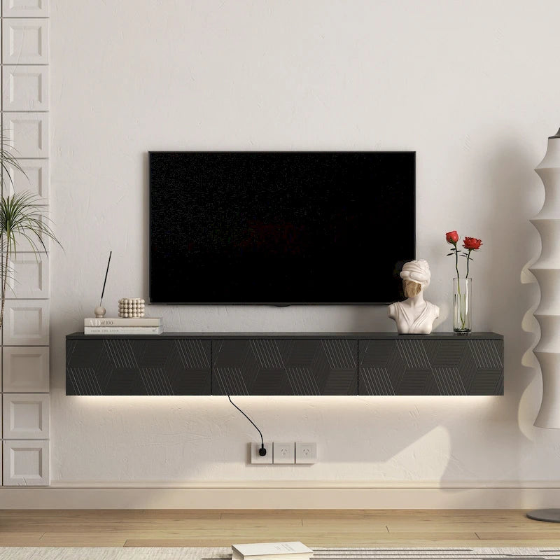 Wall Mounted Floating TV Stand with 16-Color LED Lights, Black Gloss
