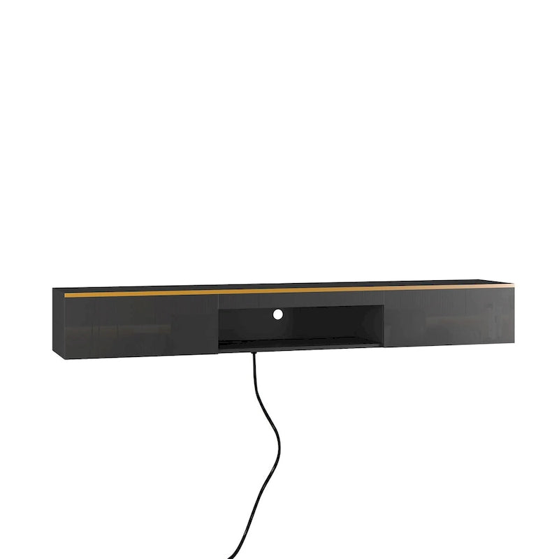 Wall Mounted Floating TV Stand with 16-Color LED Lights, Black Gloss
