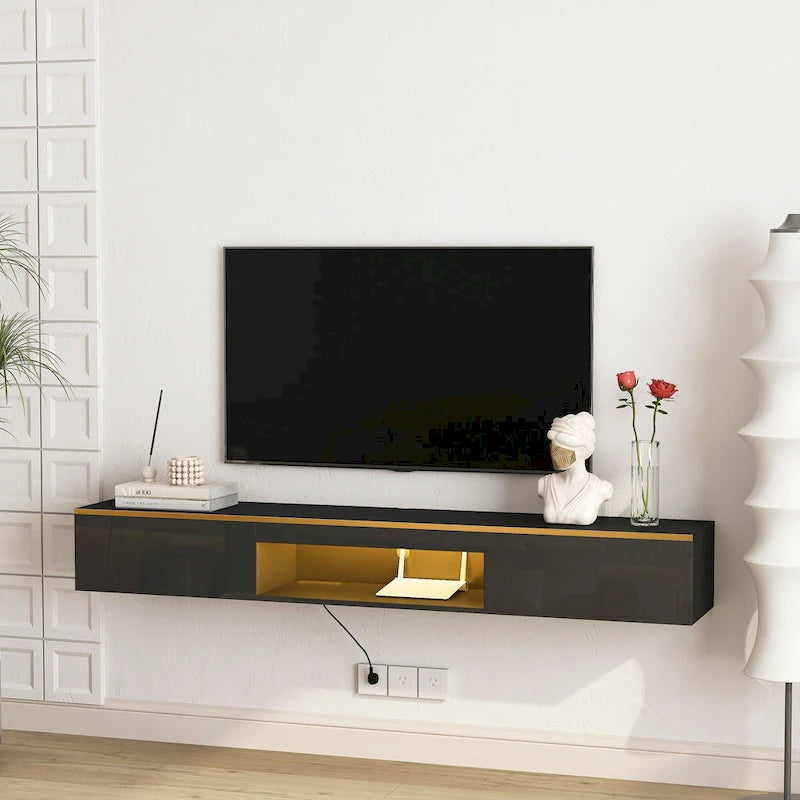 Meuble TV mural flottant avec lumières LED 16 couleurs, noir brillant