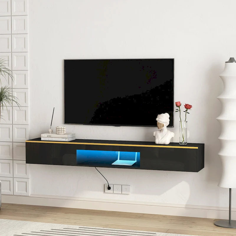 Meuble TV mural flottant avec lumières LED 16 couleurs, noir brillant